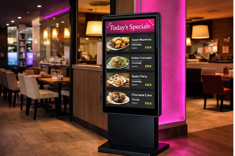 Kiosko interactivo InfoPlay en restaurante mostrando menu digital