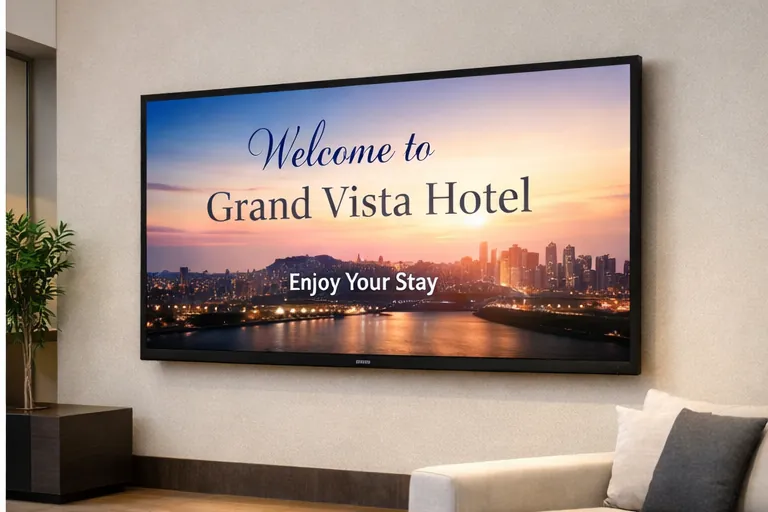 Pantalla digital InfoPlay en lobby de hotel con mensaje de bienvenida