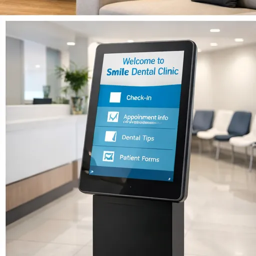 Kiosko InfoPlay en clinica dental con interfaz de check-in